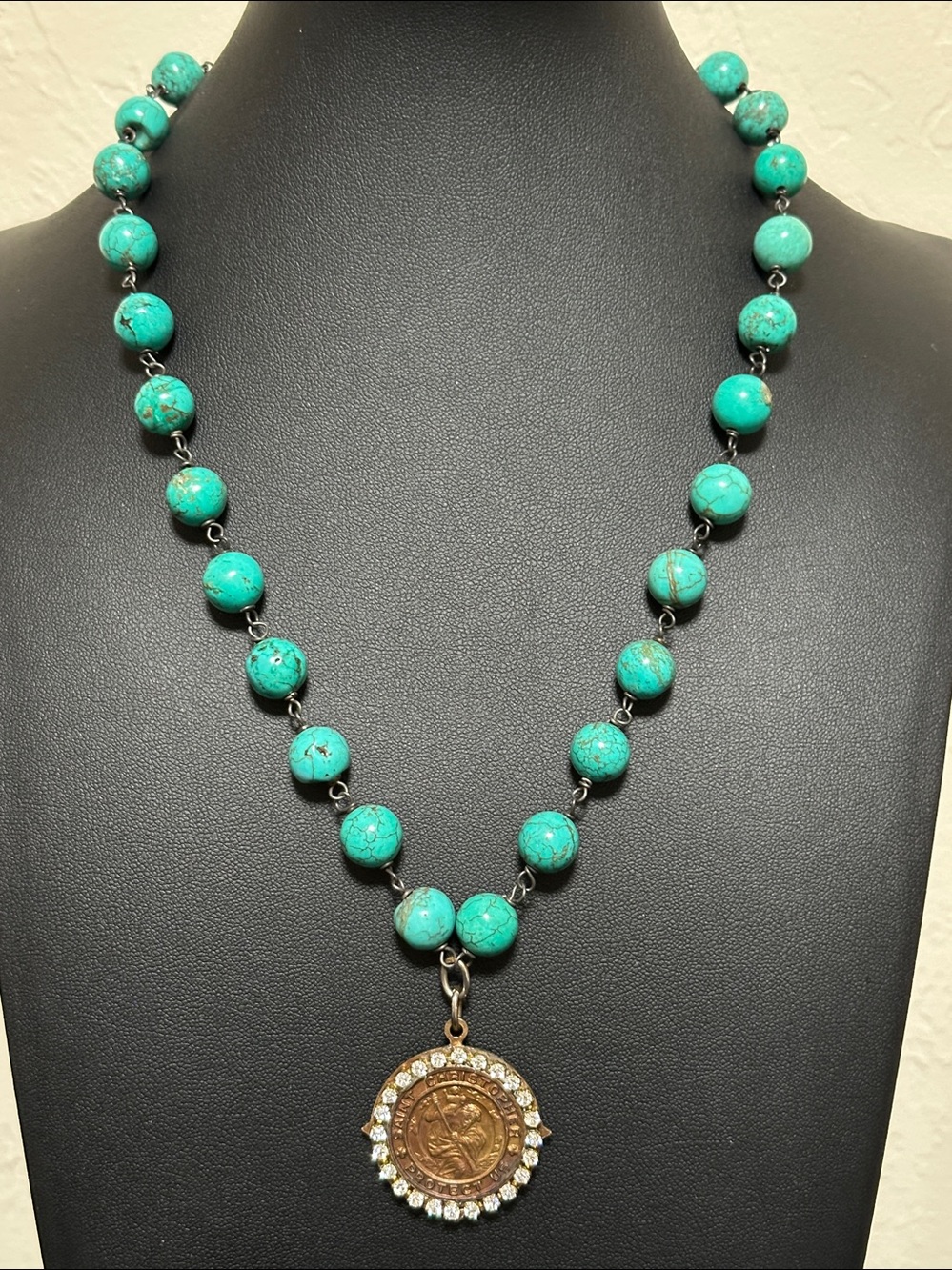 St. Christopher Compass Medal Turquoise Rosary Bead Vintage Necklace